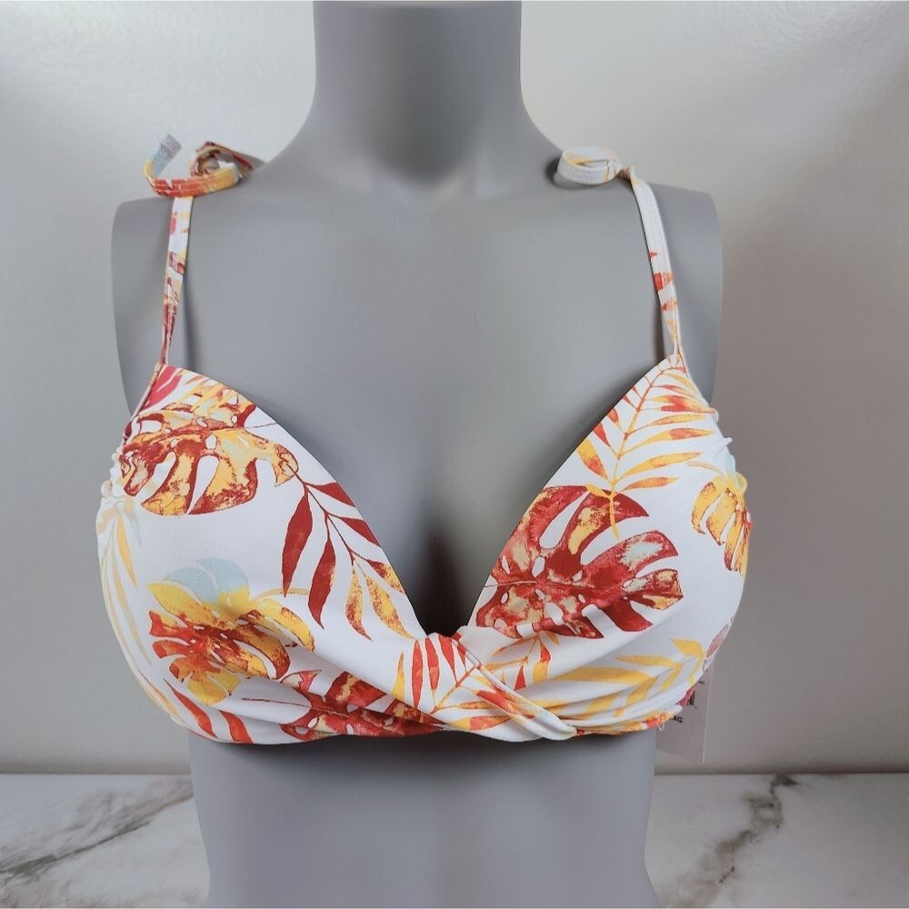 NWT Tahiti Swimwear Tropical Botanical Print Push Up Bikini Top, Sz XL